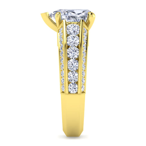 Vintage Inspired 14K Yellow Gold Wide Band Pear Shape Diamond Channel Set Engagement Ring