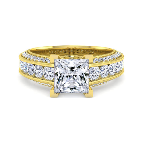 Vintage Inspired 14K Yellow Gold Wide Band Princess Cut Diamond Channel Set Engagement Ring