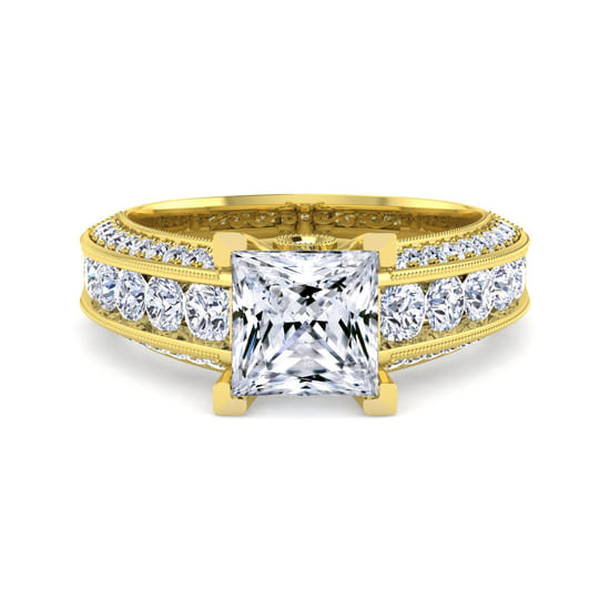 Gabriel - Vintage Inspired 14K Yellow Gold Wide Band Princess Cut Diamond Channel Set Engagement Ring