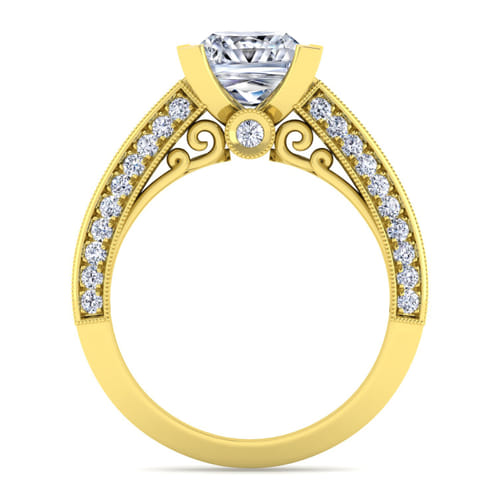 Vintage Inspired 14K Yellow Gold Wide Band Princess Cut Diamond Channel Set Engagement Ring