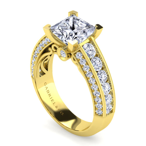 Vintage Inspired 14K Yellow Gold Wide Band Princess Cut Diamond Channel Set Engagement Ring