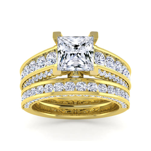 Vintage Inspired 14K Yellow Gold Wide Band Princess Cut Diamond Channel Set Engagement Ring