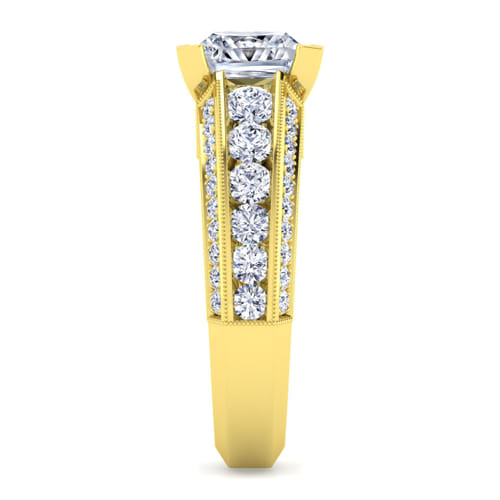 Vintage Inspired 14K Yellow Gold Wide Band Princess Cut Diamond Channel Set Engagement Ring