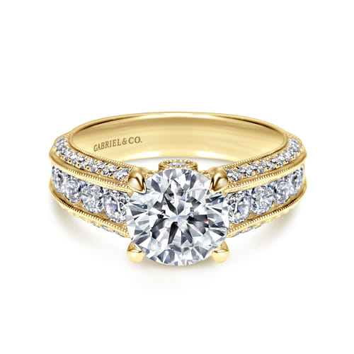 Vintage Inspired 14K Yellow Gold Wide Band Round Diamond Wide Band Channel Set Engagement Ring