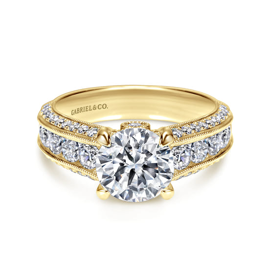 Gabriel - Vintage Inspired 14K Yellow Gold Wide Band Round Diamond Wide Band Channel Set Engagement Ring