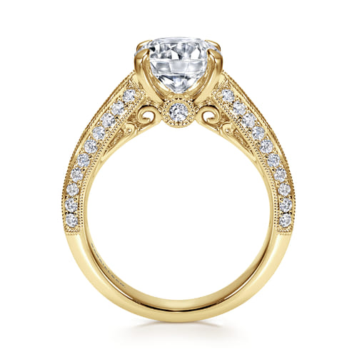 Vintage Inspired 14K Yellow Gold Wide Band Round Diamond Wide Band Channel Set Engagement Ring