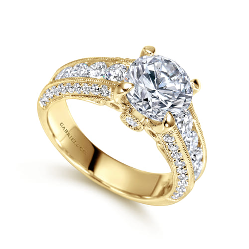 Vintage Inspired 14K Yellow Gold Wide Band Round Diamond Wide Band Channel Set Engagement Ring