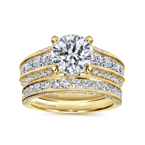 Vintage Inspired 14K Yellow Gold Wide Band Round Diamond Wide Band Channel Set Engagement Ring
