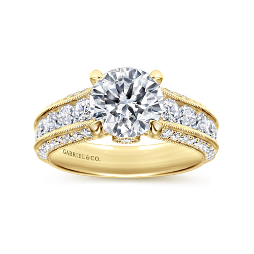 Vintage Inspired 14K Yellow Gold Wide Band Round Diamond Wide Band Channel Set Engagement Ring
