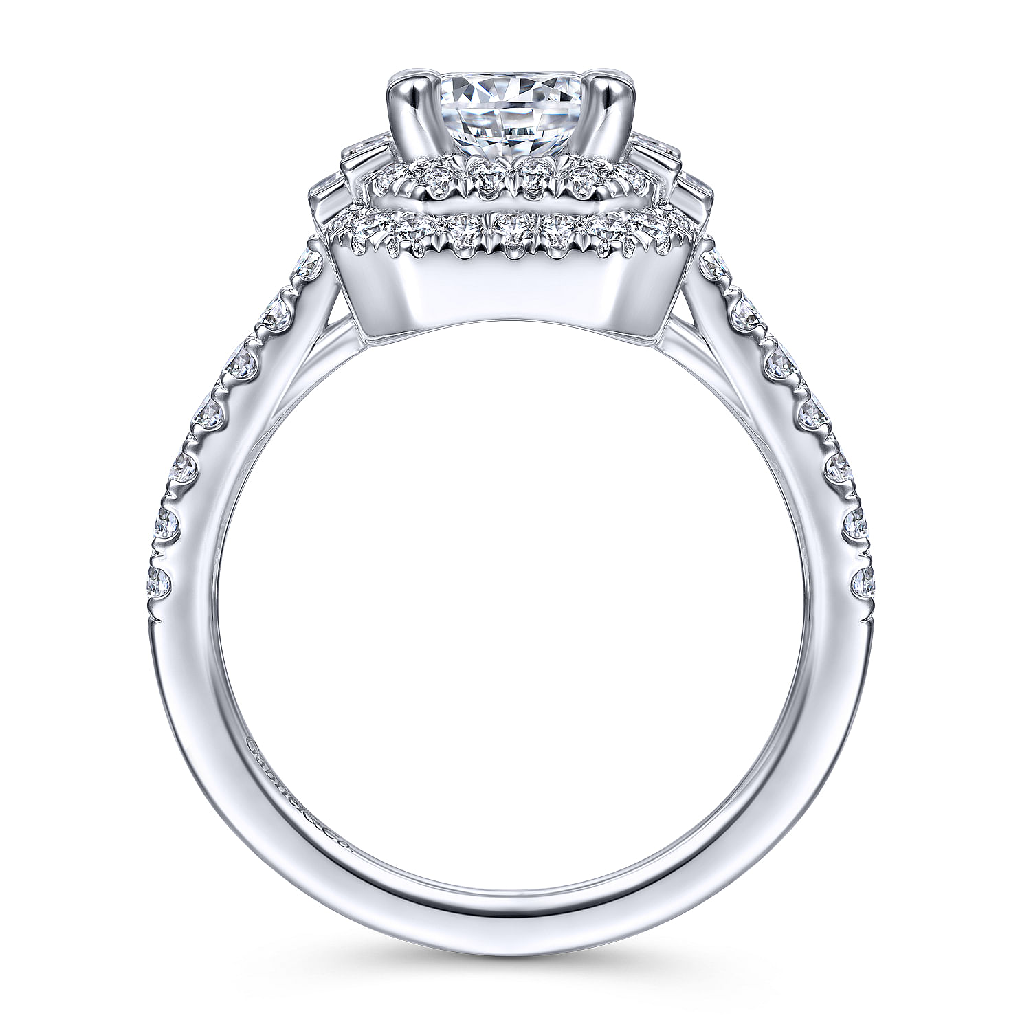 Vintage Inspired 14k White Gold Cushion Double Halo Round Diamond Channel Set Engagement Ring