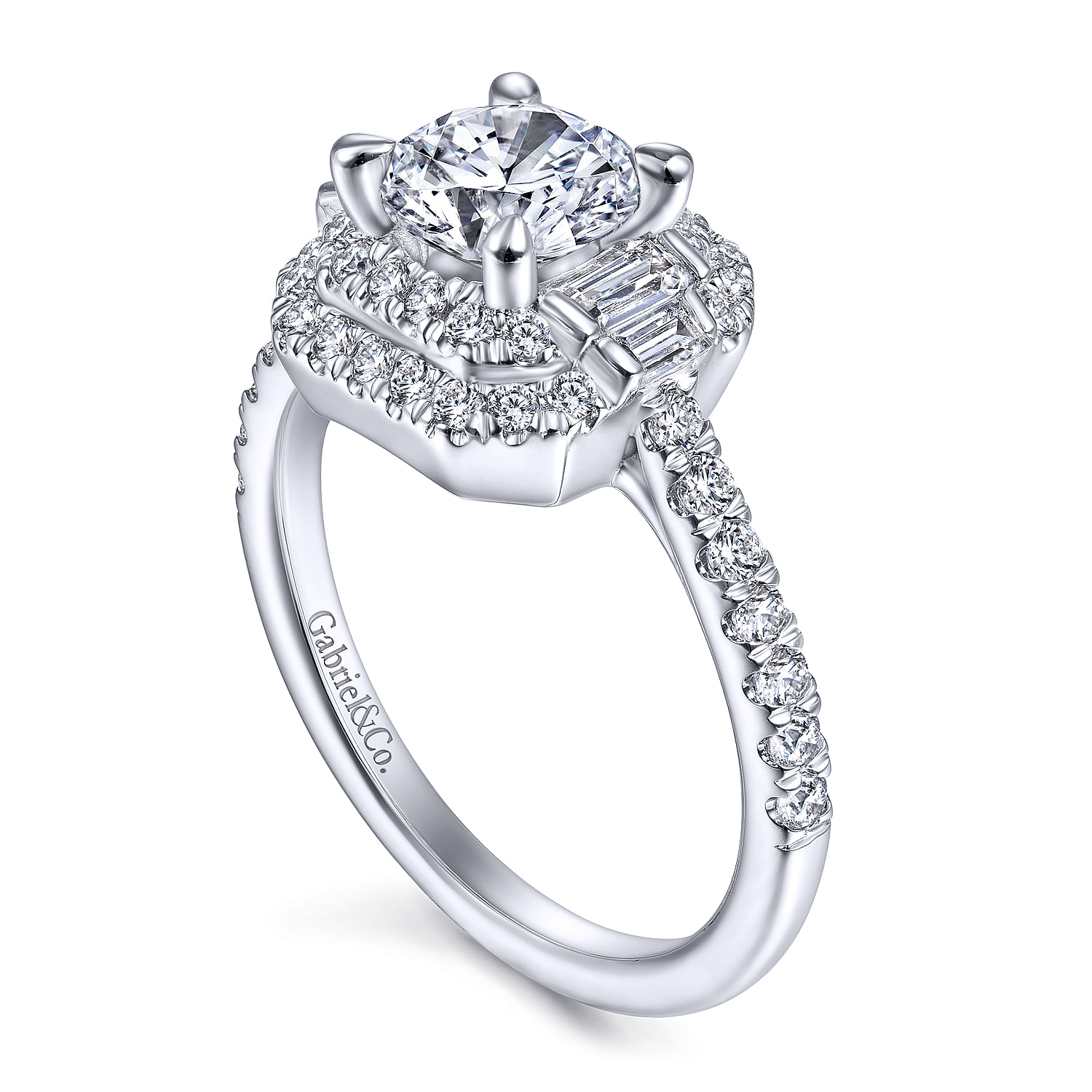 Vintage Inspired 14k White Gold Cushion Double Halo Round Diamond Channel Set Engagement Ring