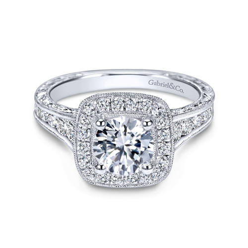 Vintage Inspired 18K White Gold Cushion Halo Round Diamond Channel Set Engagement Ring