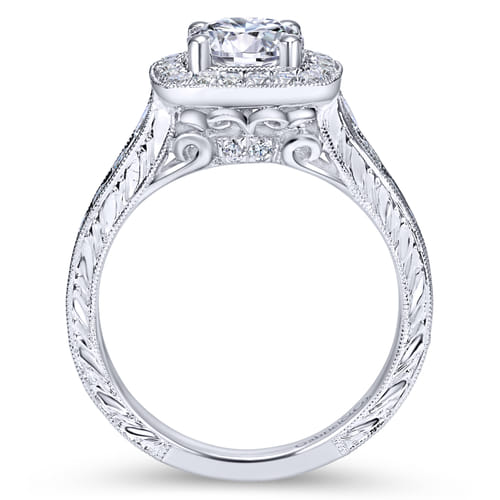 Vintage Inspired 18K White Gold Cushion Halo Round Diamond Channel Set Engagement Ring