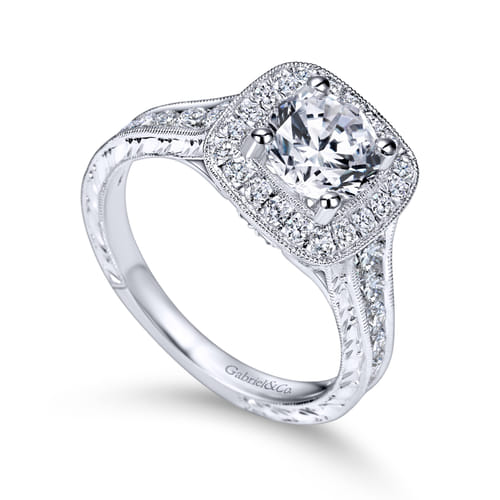 Vintage Inspired 18K White Gold Cushion Halo Round Diamond Channel Set Engagement Ring
