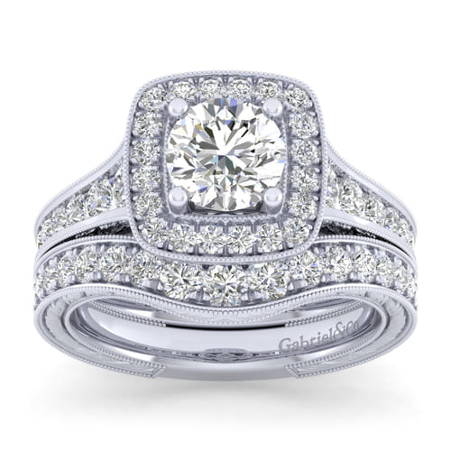 Vintage Inspired 18K White Gold Cushion Halo Round Diamond Channel Set Engagement Ring