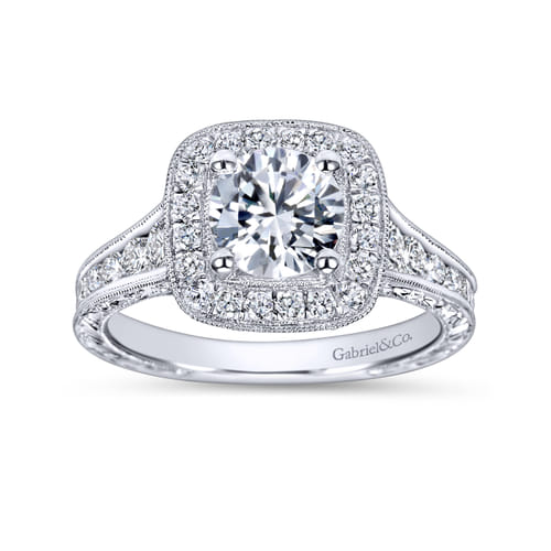 Vintage Inspired 18K White Gold Cushion Halo Round Diamond Channel Set Engagement Ring