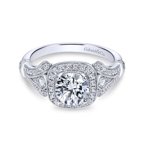 Vintage Inspired 18K White Gold Cushion Halo Round Diamond Engagement Ring