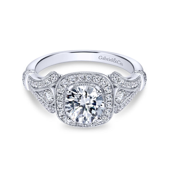 Gabriel - Vintage Inspired 18K White Gold Cushion Halo Round Diamond Engagement Ring