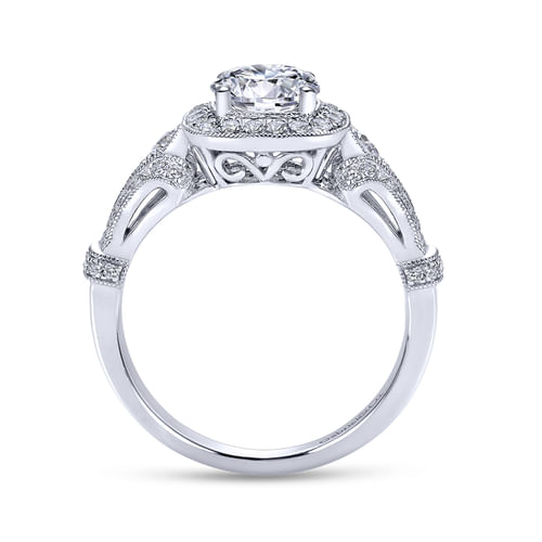 Vintage Inspired 18K White Gold Cushion Halo Round Diamond Engagement Ring