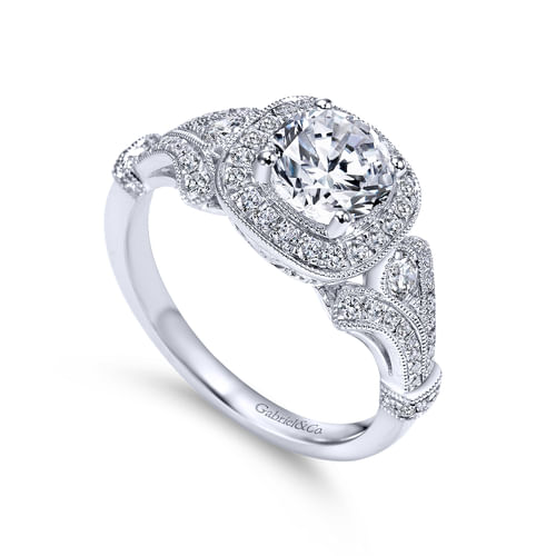Vintage Inspired 18K White Gold Cushion Halo Round Diamond Engagement Ring