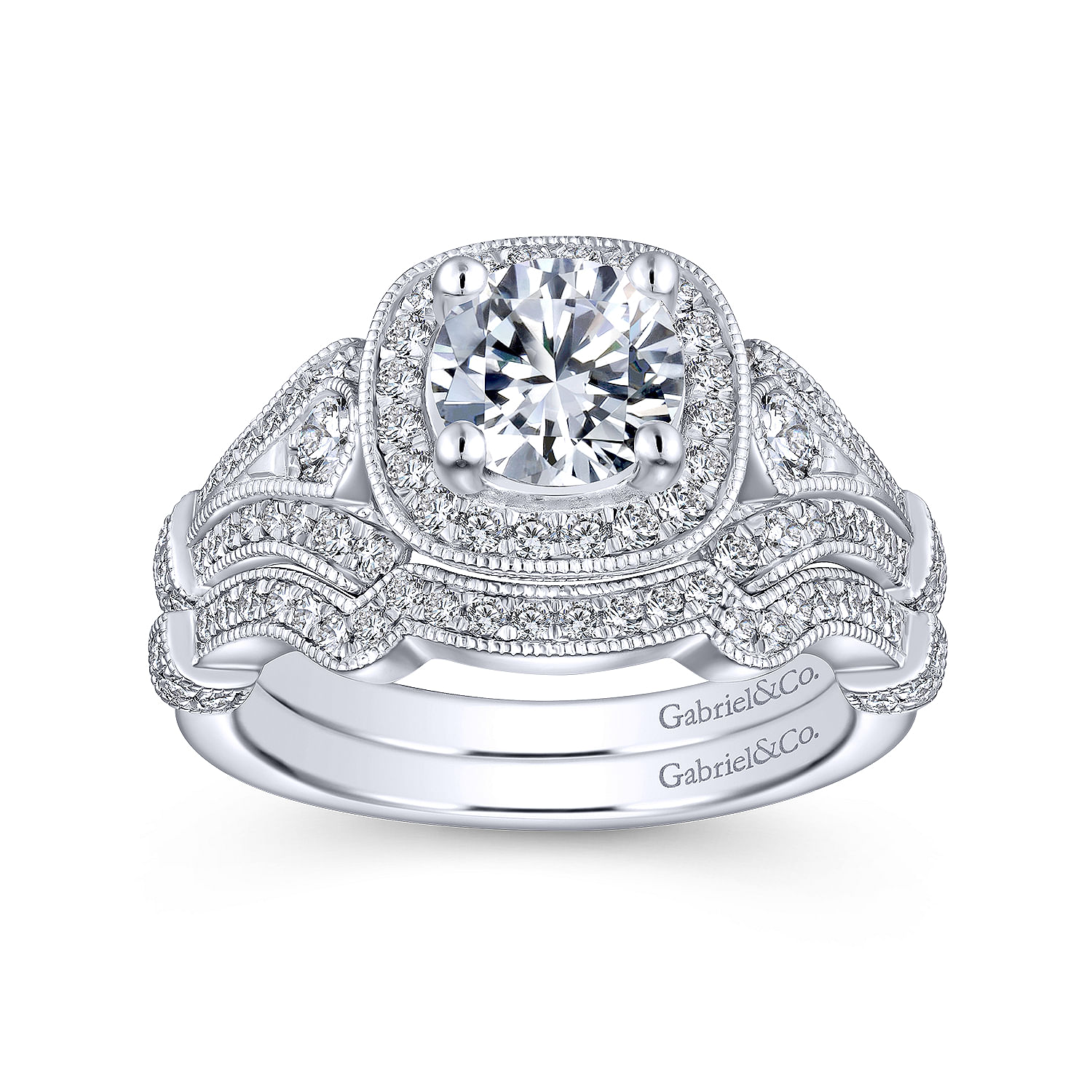 Vintage Inspired 18K White Gold Cushion Halo Round Diamond Engagement Ring