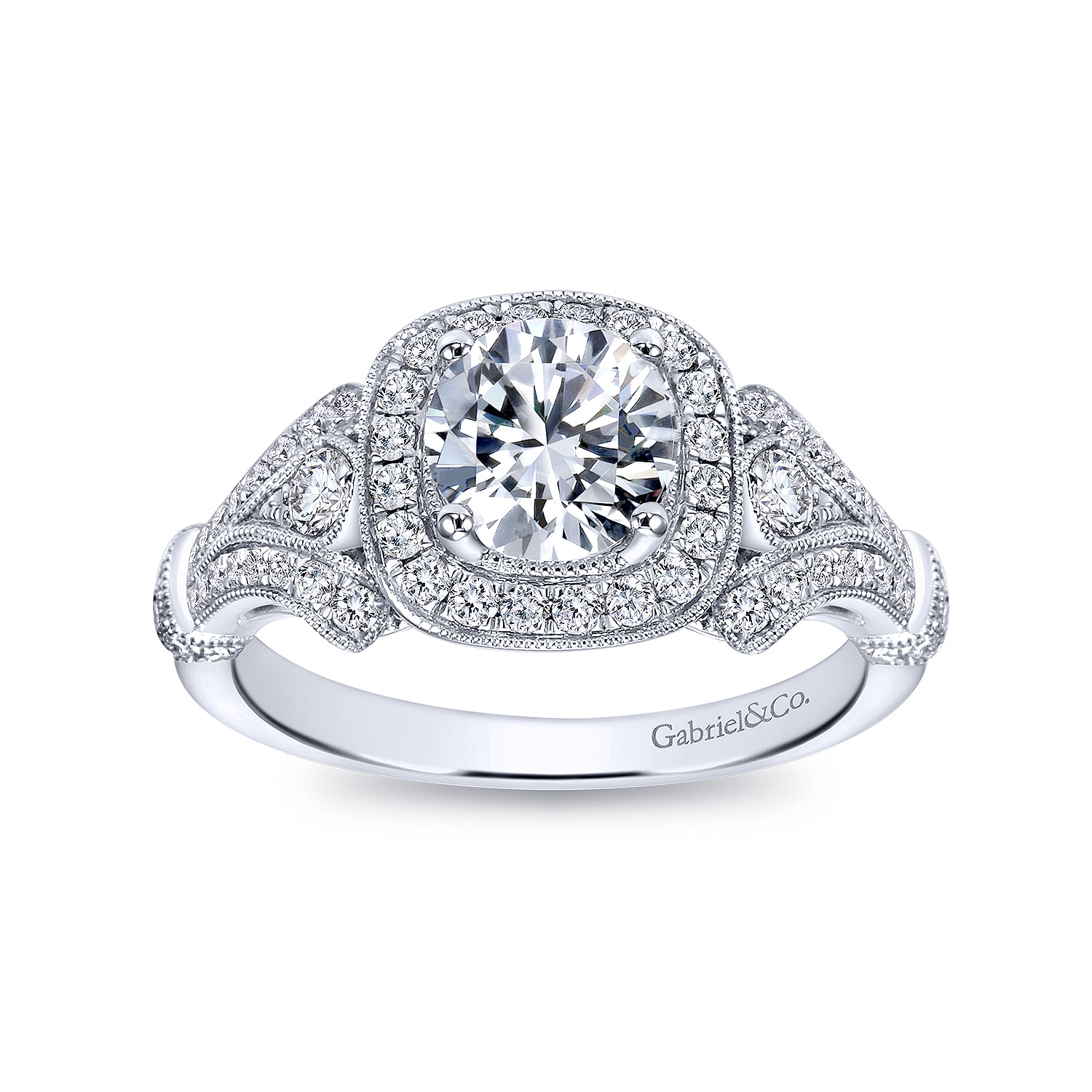 Vintage Inspired 18K White Gold Cushion Halo Round Diamond Engagement Ring