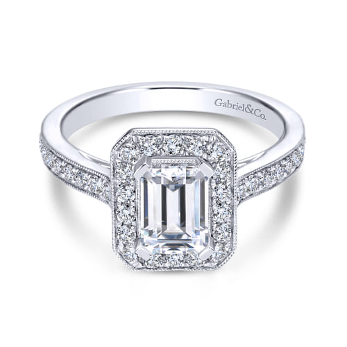 Vintage Inspired 18K White Gold Emerald Halo Diamond Engagement Ring