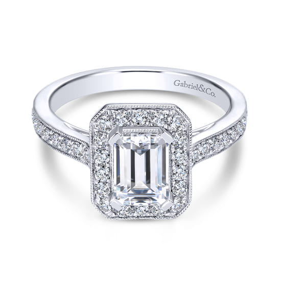 Gabriel - Vintage Inspired 18K White Gold Emerald Halo Diamond Engagement Ring Gabriel - Vintage Inspired 18K White Gold Emerald Halo Diamond Engagement Ring
