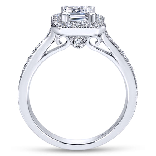 Vintage Inspired 18K White Gold Emerald Halo Diamond Engagement Ring