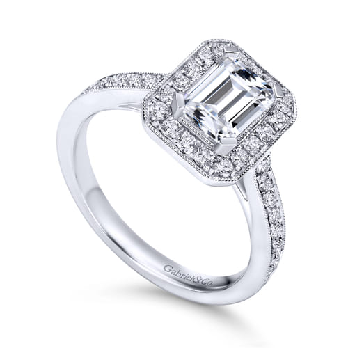 Vintage Inspired 18K White Gold Emerald Halo Diamond Engagement Ring