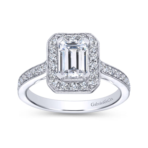 Vintage Inspired 18K White Gold Emerald Halo Diamond Engagement Ring
