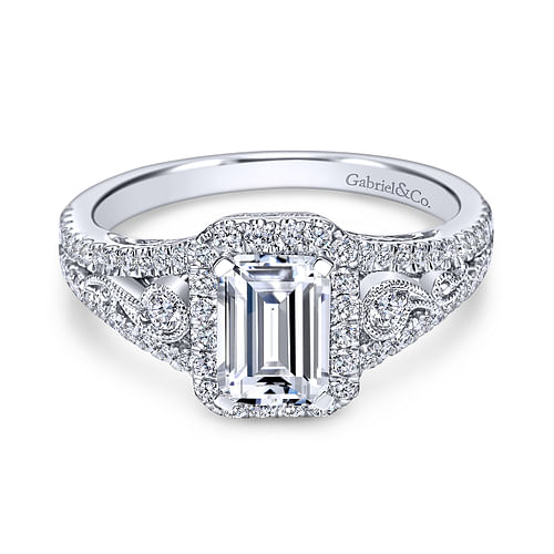 Vintage Inspired 18K White Gold Emerald Halo Diamond Engagement Ring