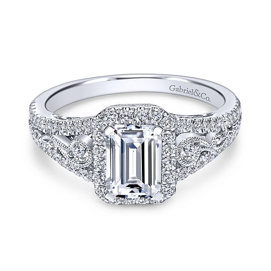 Gabriel - Vintage Inspired 18K White Gold Emerald Halo Diamond Engagement Ring