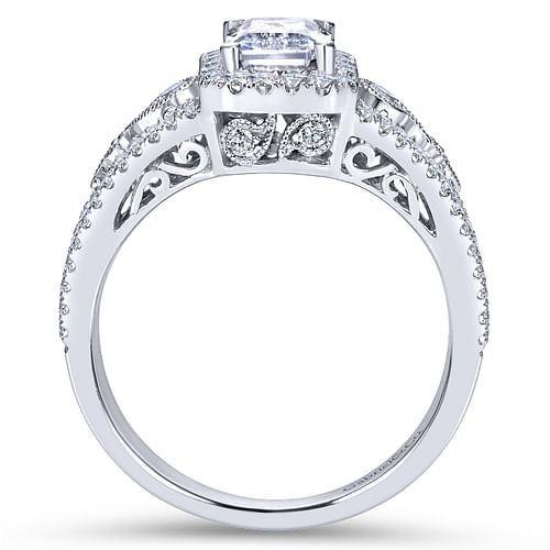 Vintage Inspired 18K White Gold Emerald Halo Diamond Engagement Ring