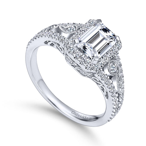 Vintage Inspired 18K White Gold Emerald Halo Diamond Engagement Ring