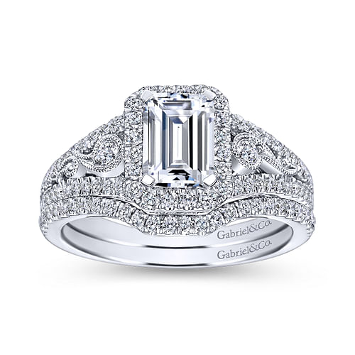 Vintage Inspired 18K White Gold Emerald Halo Diamond Engagement Ring