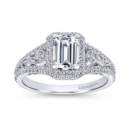 Vintage Inspired 18K White Gold Emerald Halo Diamond Engagement Ring
