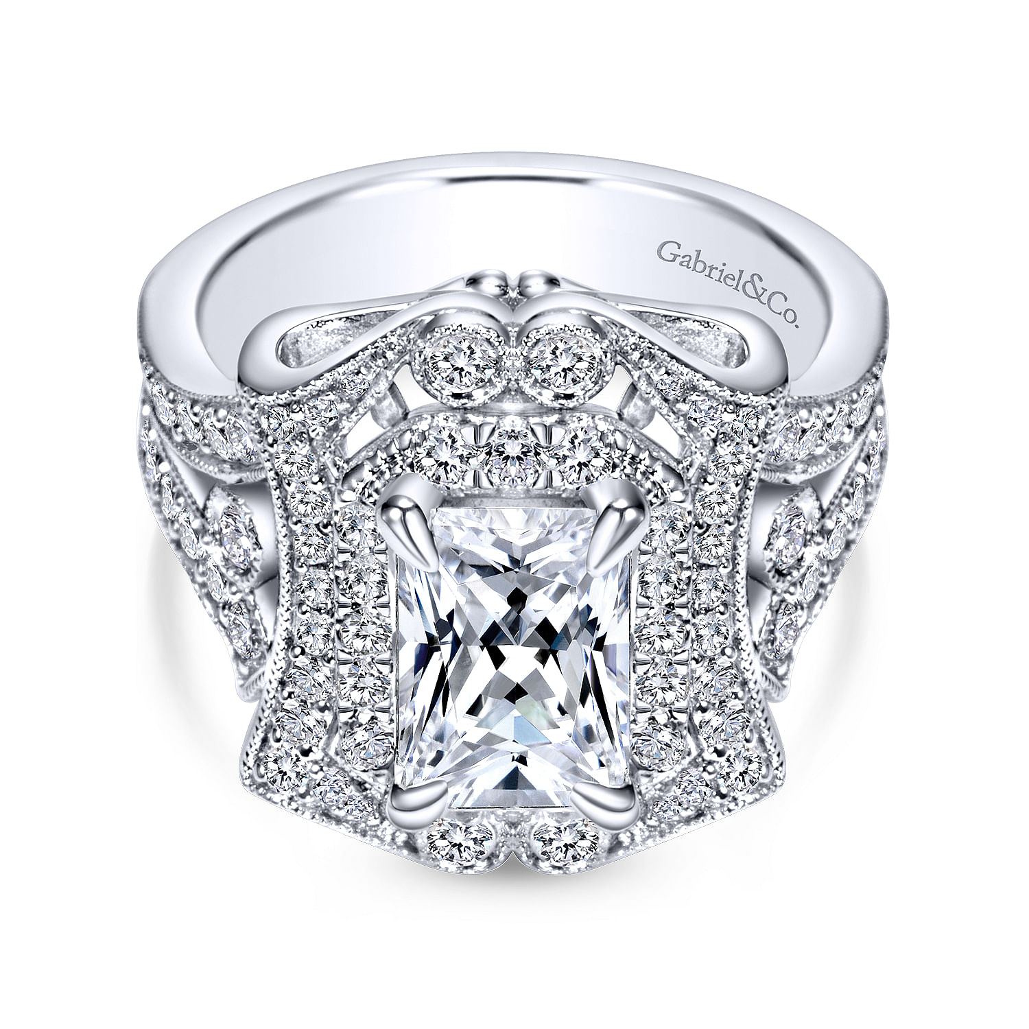Gabriel - Vintage Inspired 18K White Gold Emerald Halo Diamond Engagement Ring