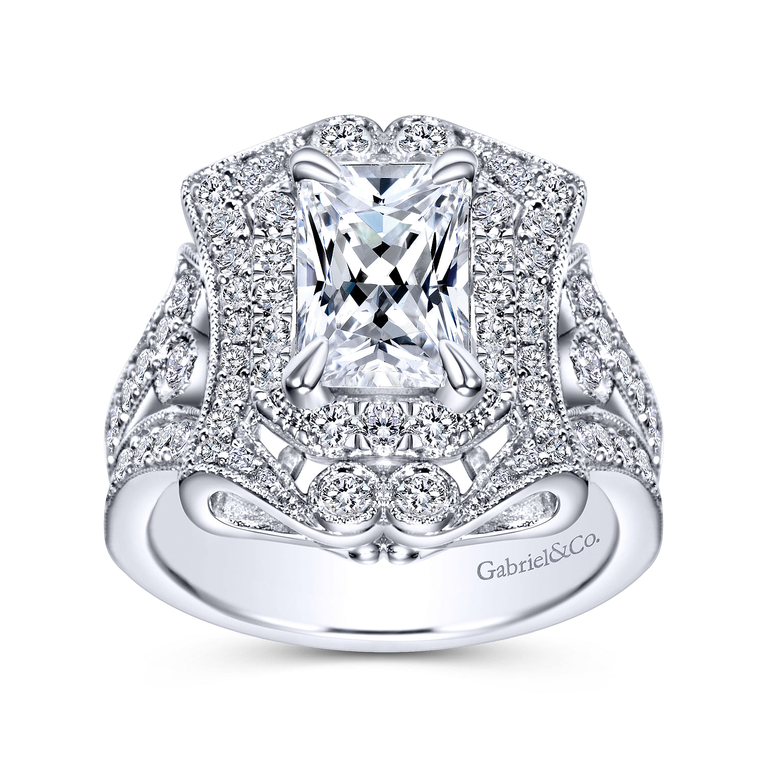 Vintage Inspired 18K White Gold Emerald Halo Diamond Engagement Ring