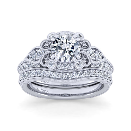 Vintage Inspired 18K White Gold Fancy Halo Round Diamond Engagement Ring