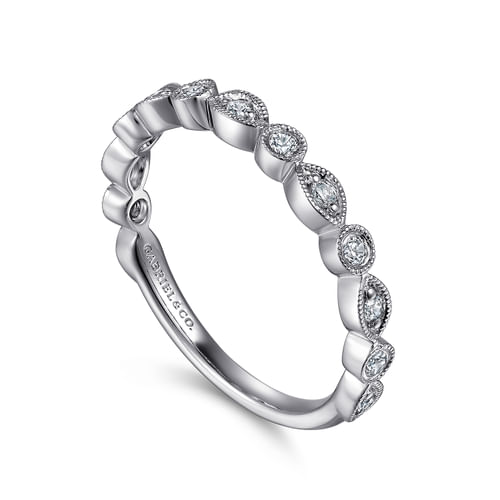 Vintage Inspired 18K White Gold Marquise and Round Station Diamond Anniversary Band