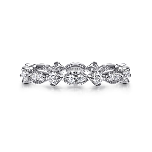 Vintage Inspired 18K White Gold Marquise and Round Station Diamond Eternity Band