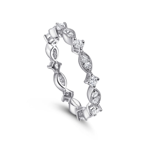 Vintage Inspired 18K White Gold Marquise and Round Station Diamond Eternity Band