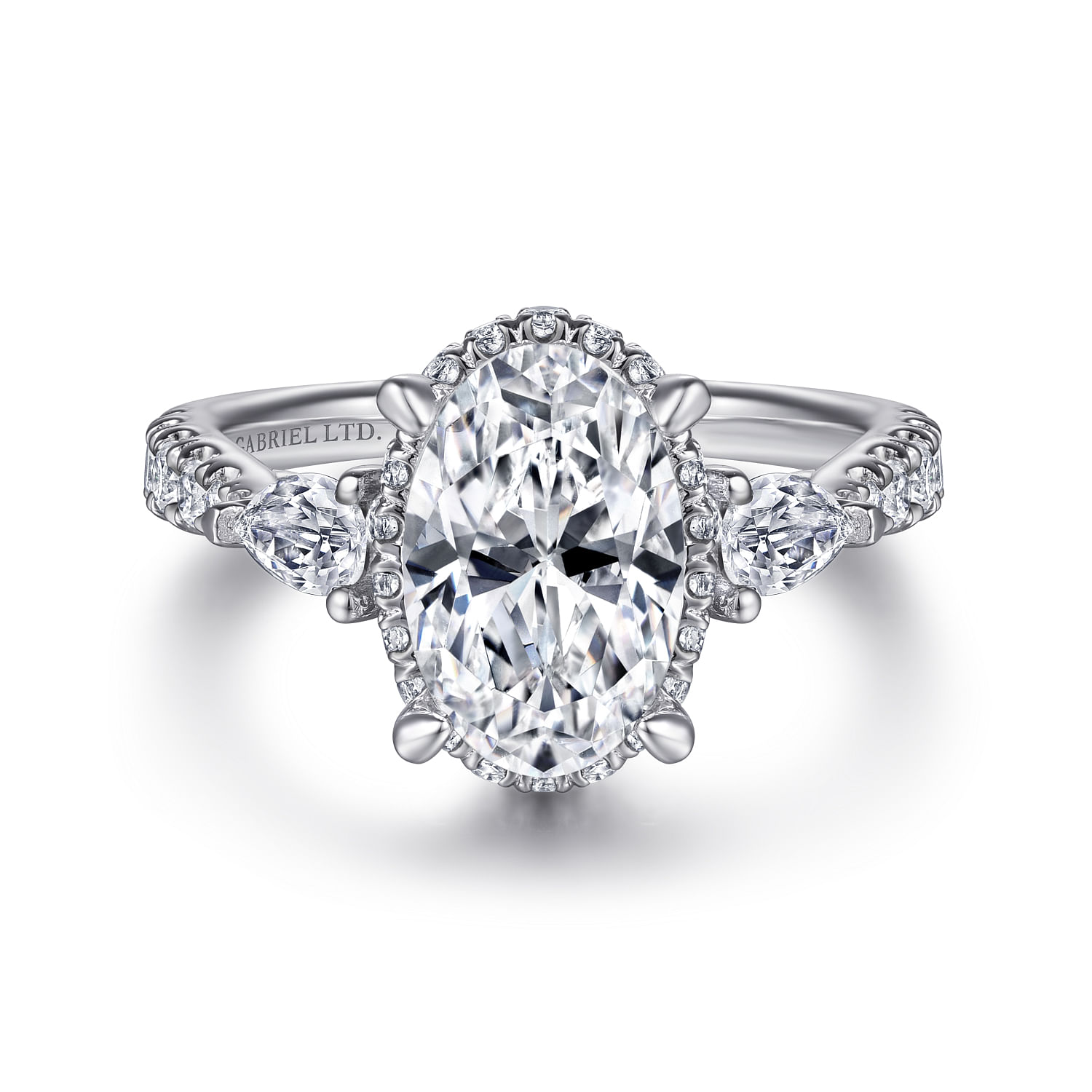 Vintage Inspired 18K White Gold Oval Three Stone Diamond Engagement Ring