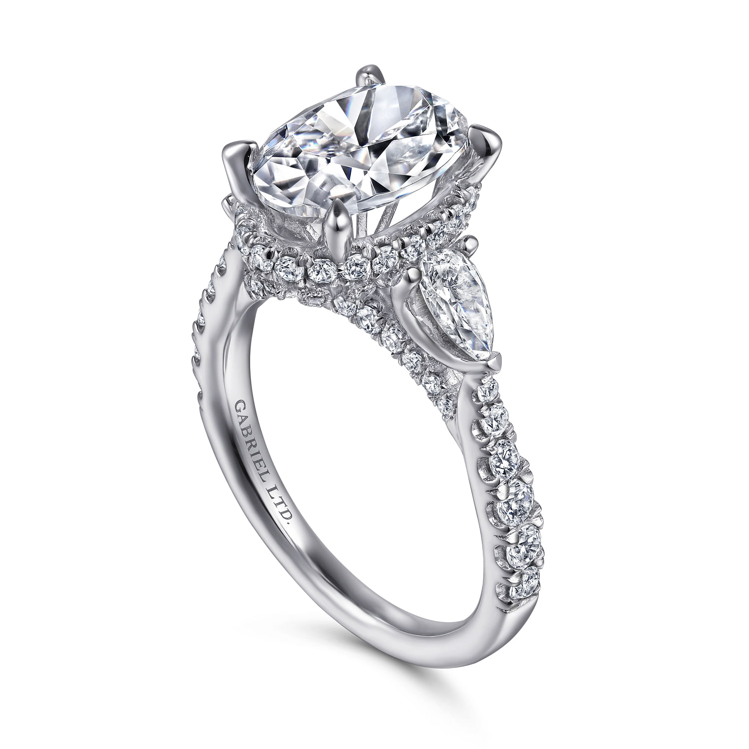 Vintage Inspired 18K White Gold Oval Three Stone Diamond Engagement Ring