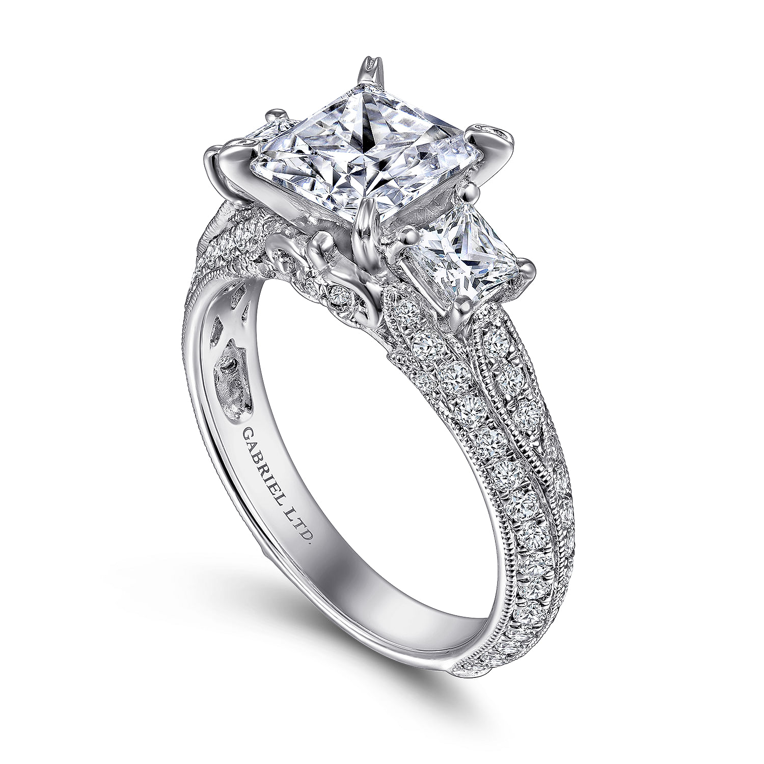 Vintage Inspired 18K White Gold Princess Cut Three Stone Diamond Engagement Ring