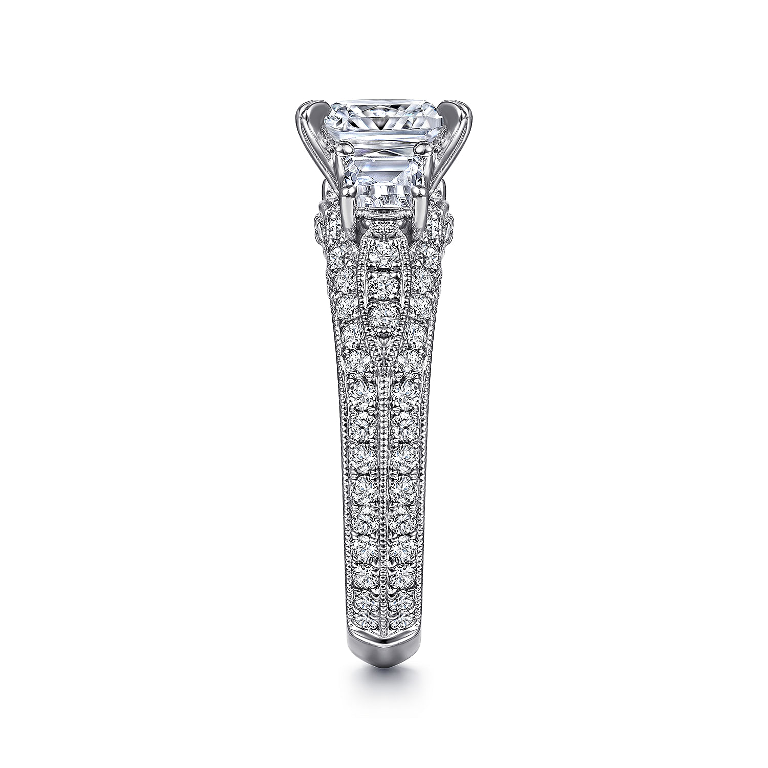 Vintage Inspired 18K White Gold Princess Cut Three Stone Diamond Engagement Ring