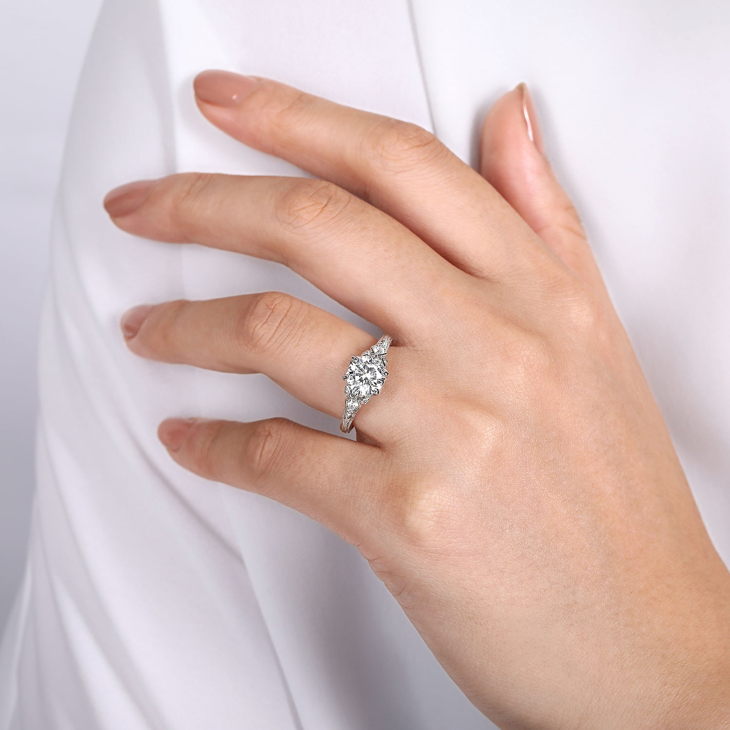 Vintage Inspired 18K White Gold Round Diamond Channel Set Engagement Ring