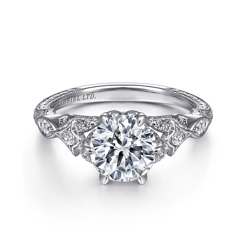 Vintage Inspired 18K White Gold Round Diamond Engagement Ring