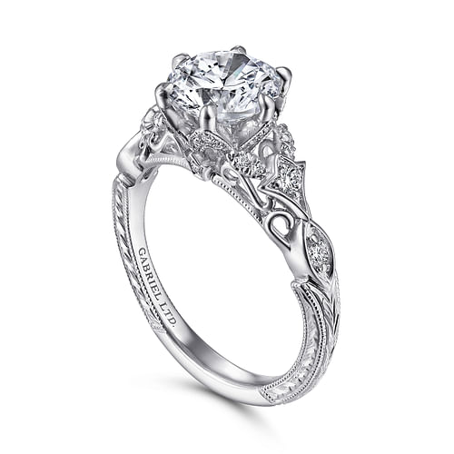 Vintage Inspired 18K White Gold Round Diamond Engagement Ring